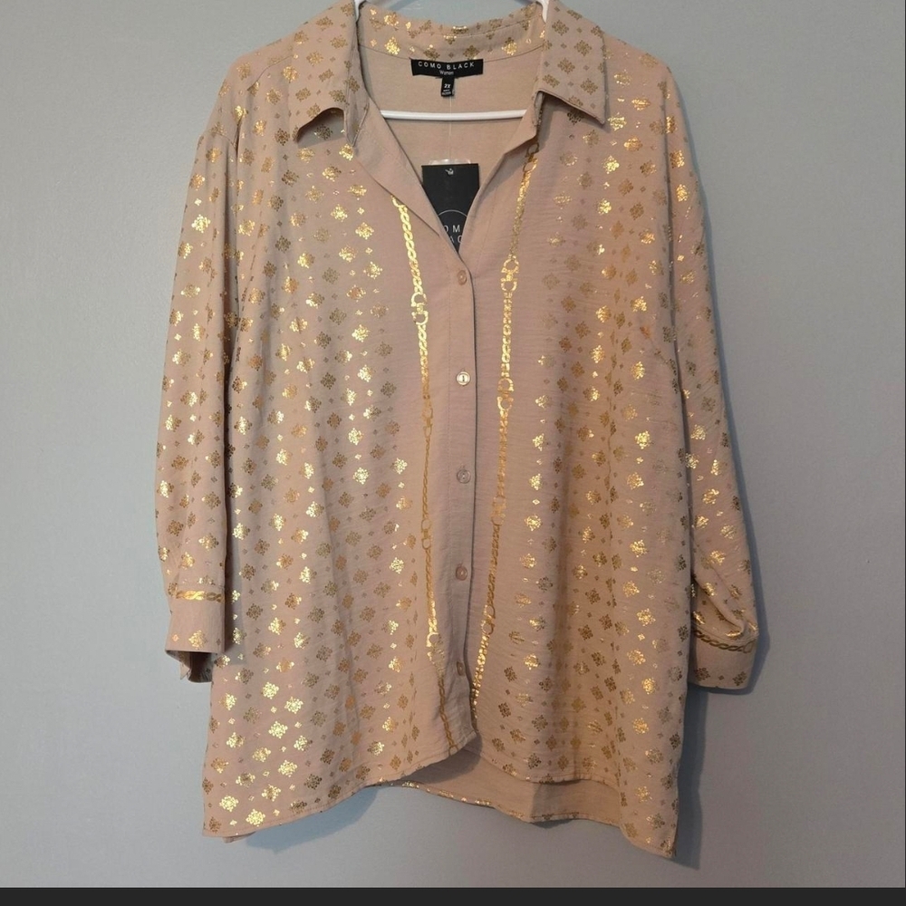 Como Black Button-Down Blouse with Gold Foil Chain Print